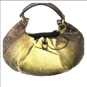 Melissa Loyd Maish Snakeskin Hobo Hand Bag Green,Brown brass hardware. 13”X 19